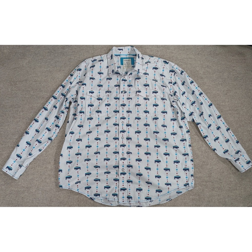 Panhandle Rough Stock Mens XL Buffalo Print Western Snap Shirt White Blue Red